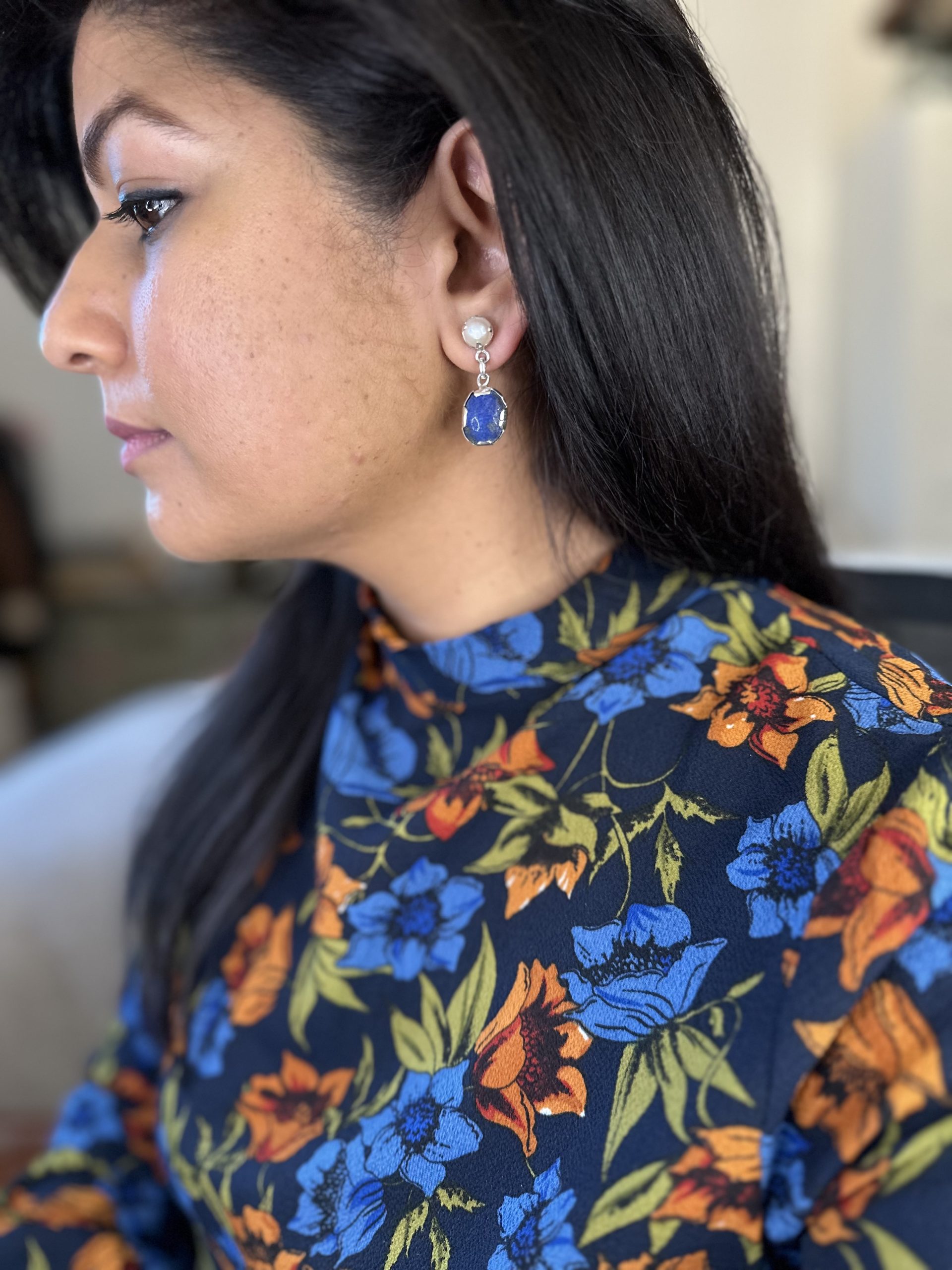 Pearl and Lapis Lazuli - Aparajita Earrings - Image 5