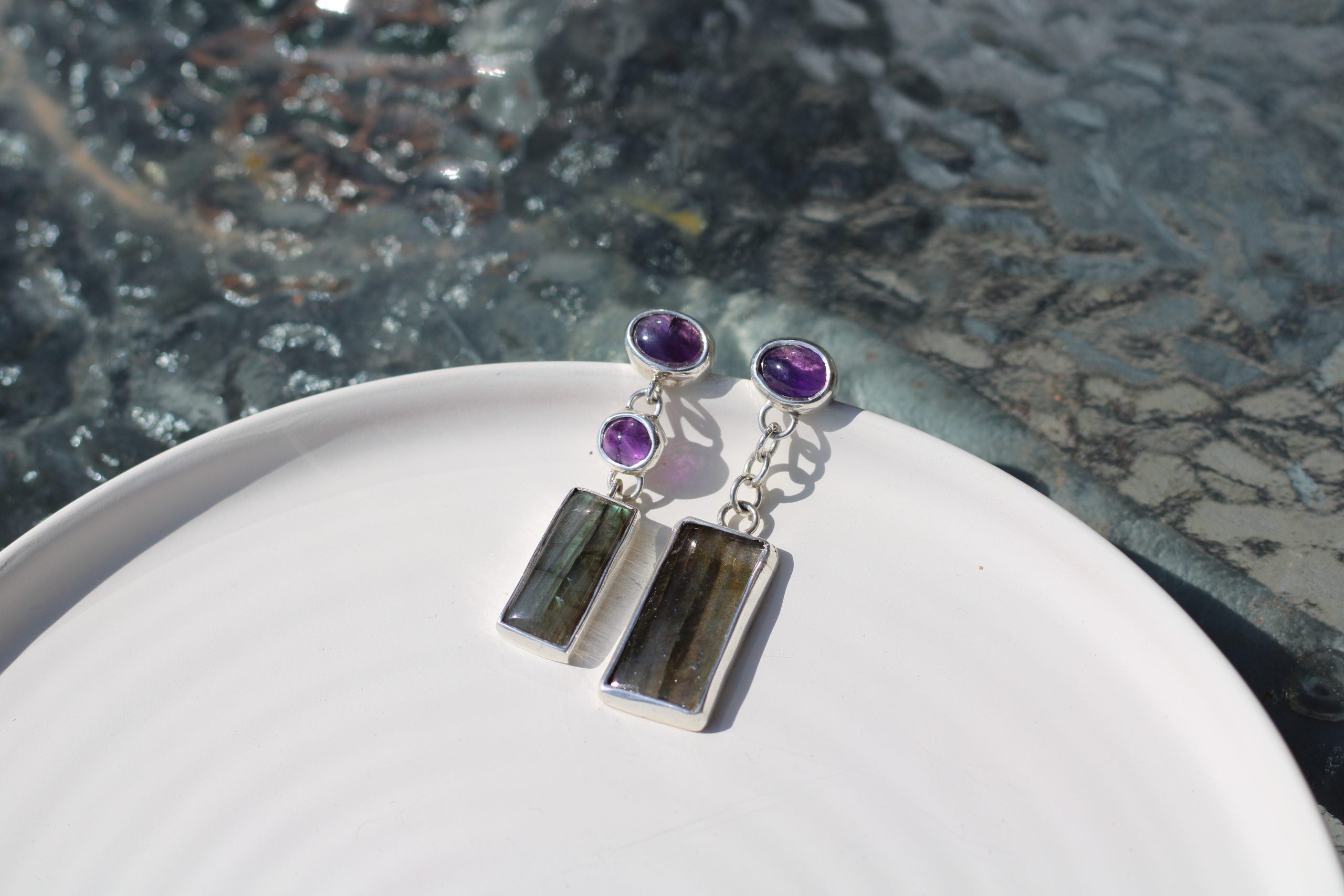 Sthiti Mismatched Amethyst & Labradorite Drop Earrings - Image 5