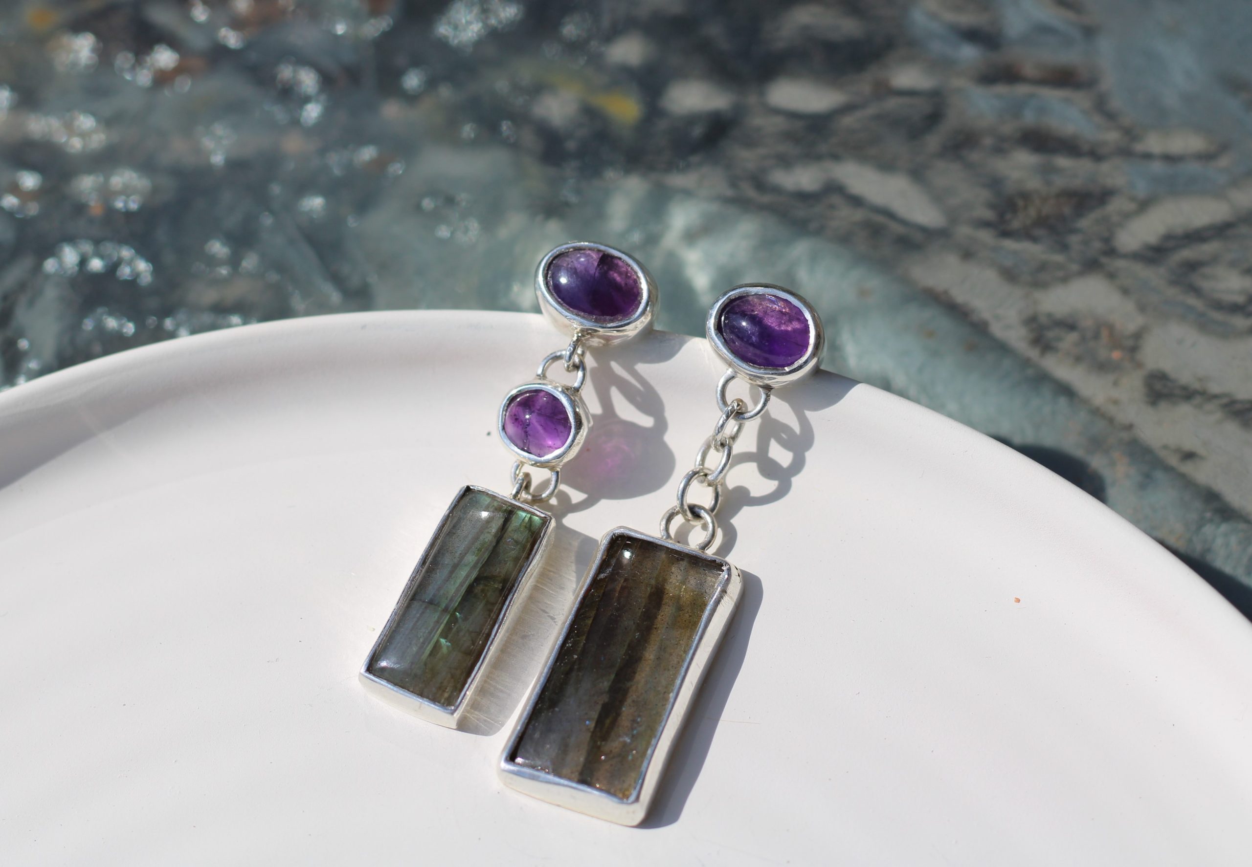 Sthiti Mismatched Amethyst & Labradorite Drop Earrings - Image 2