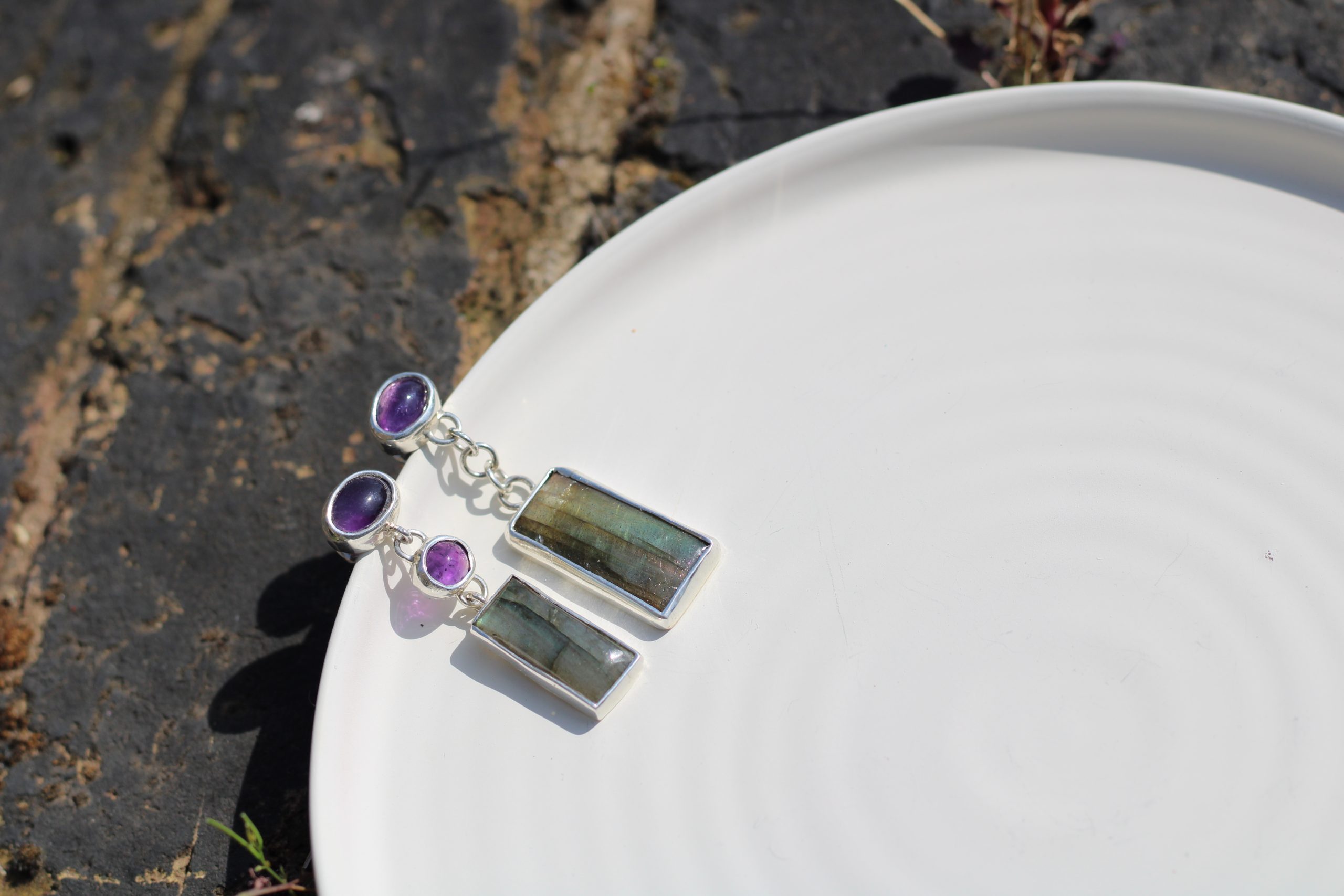 Sthiti Mismatched Amethyst & Labradorite Drop Earrings - Image 7