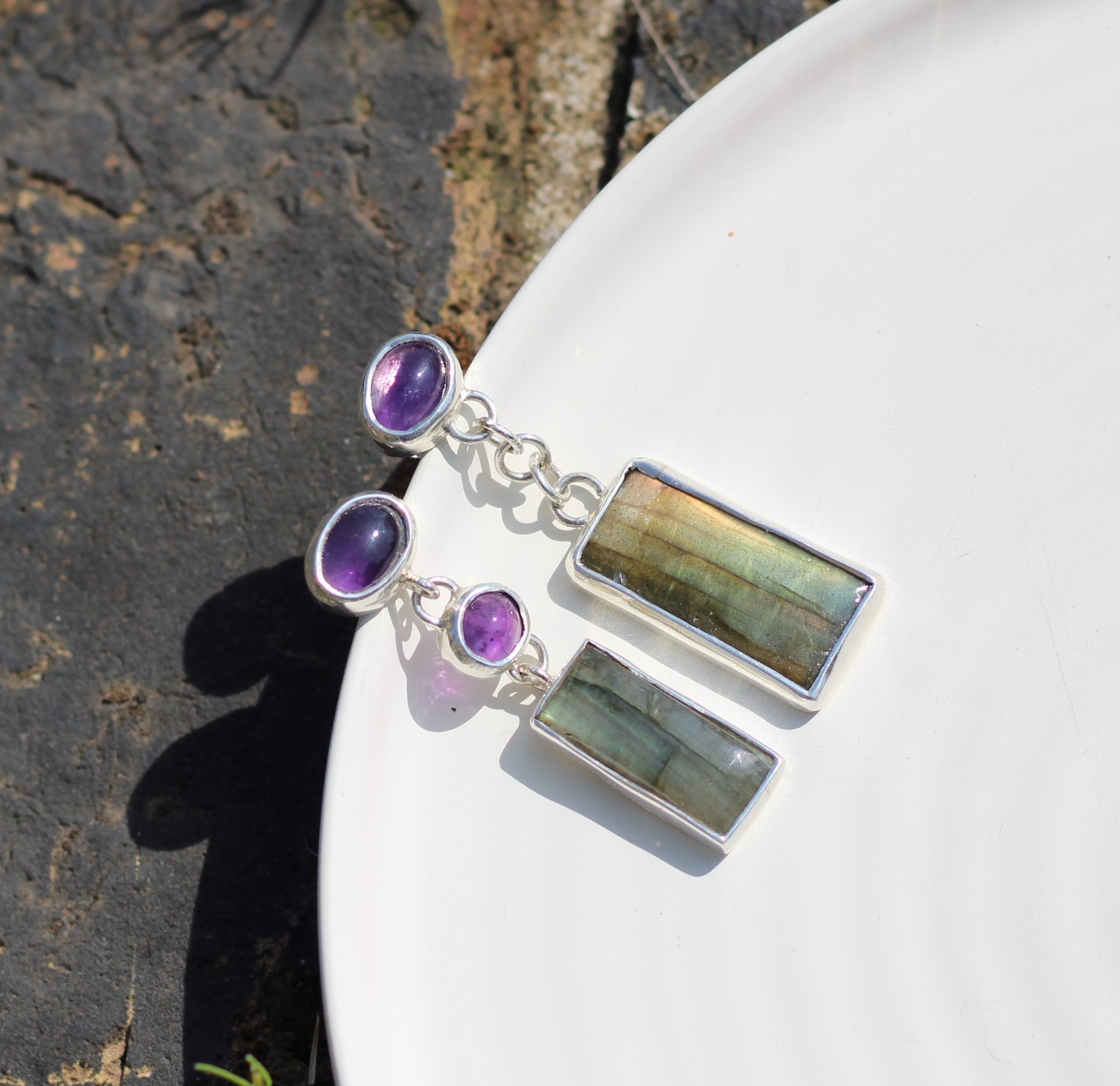 Sthiti Mismatched Amethyst & Labradorite Drop Earrings