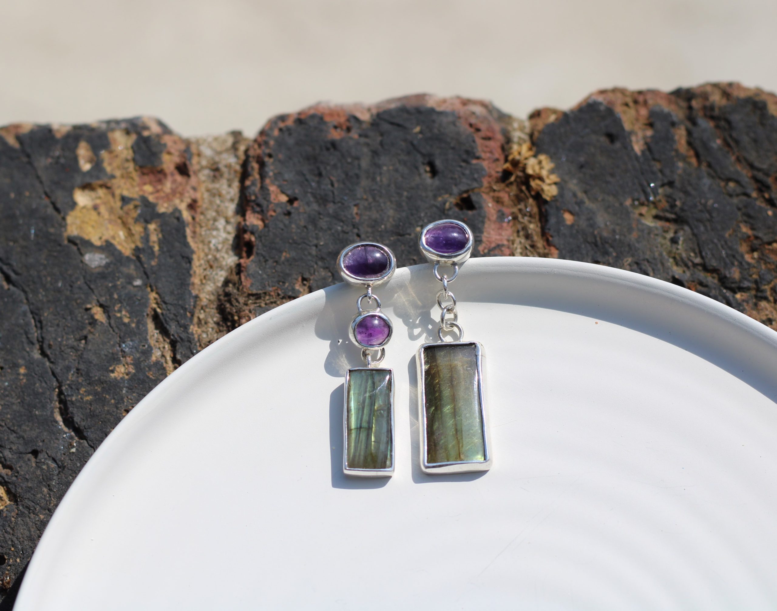 Sthiti Mismatched Amethyst & Labradorite Drop Earrings - Image 8