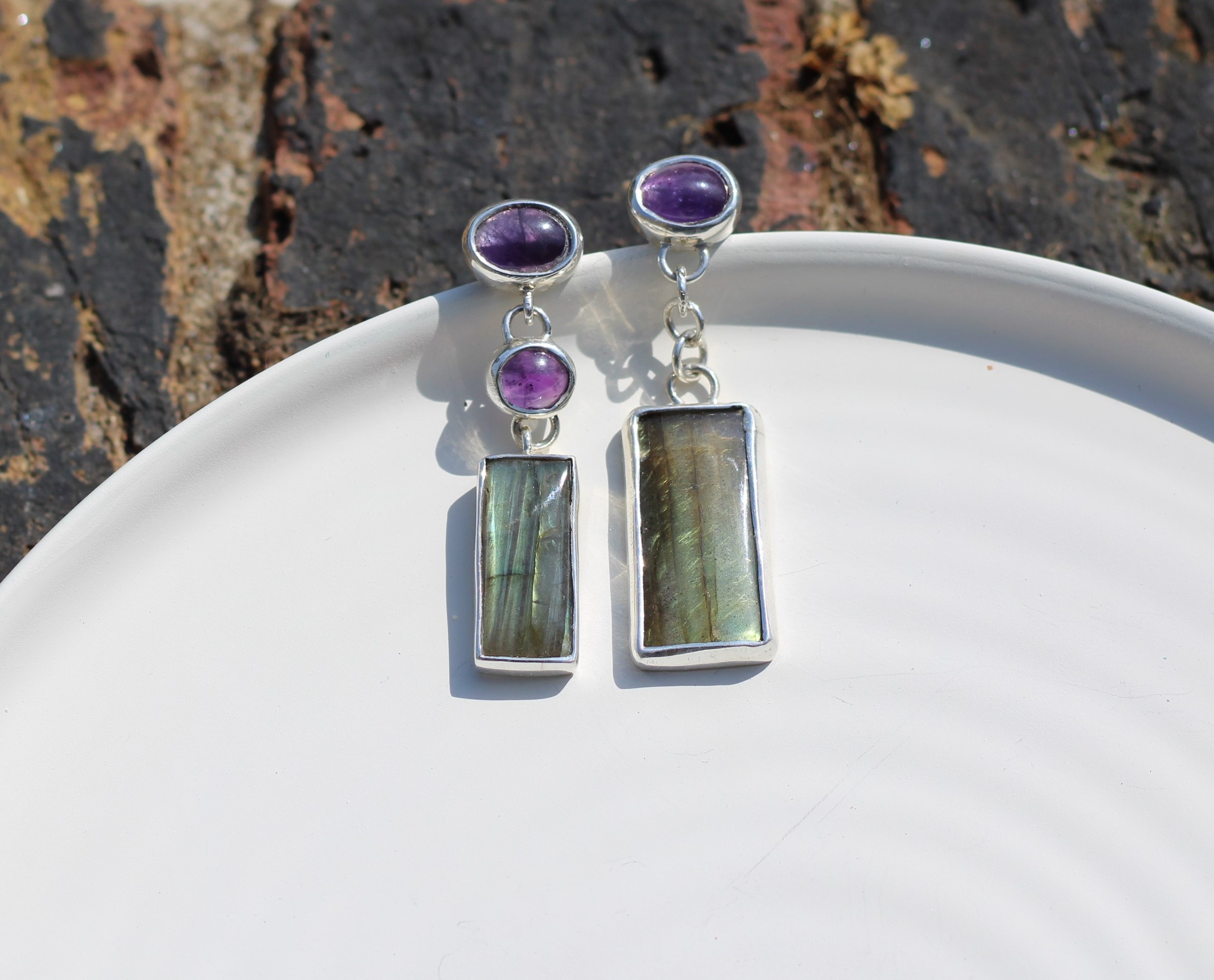 Sthiti Mismatched Amethyst & Labradorite Drop Earrings - Image 4
