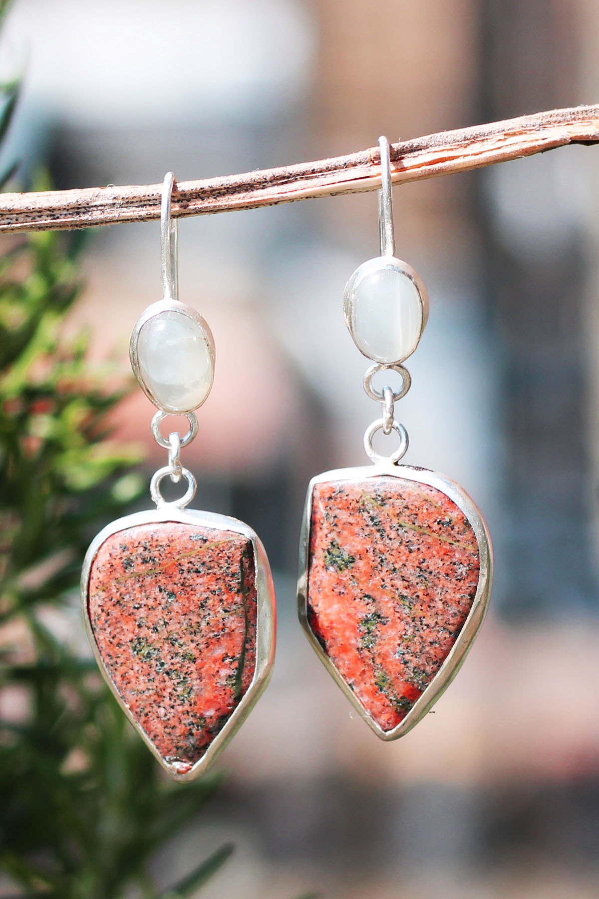 Moonstone Gemstone Earrings - Bagalaa Jasper & Moonstone - Image 2