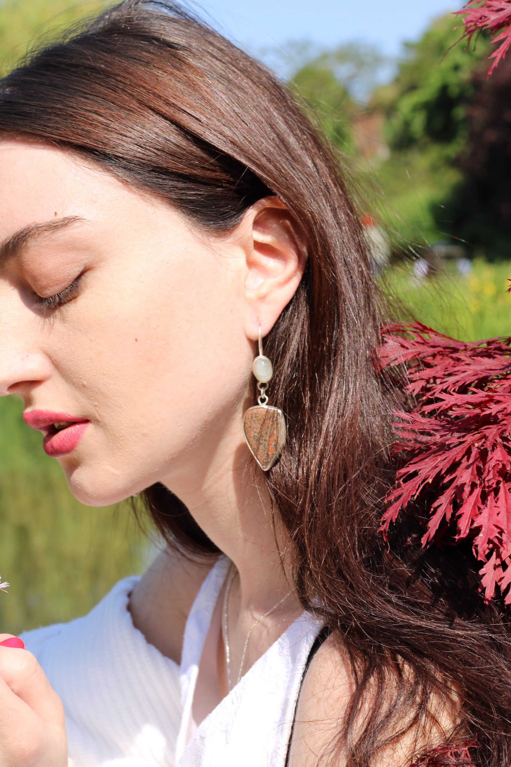 Moonstone Gemstone Earrings - Bagalaa Jasper & Moonstone - Image 6